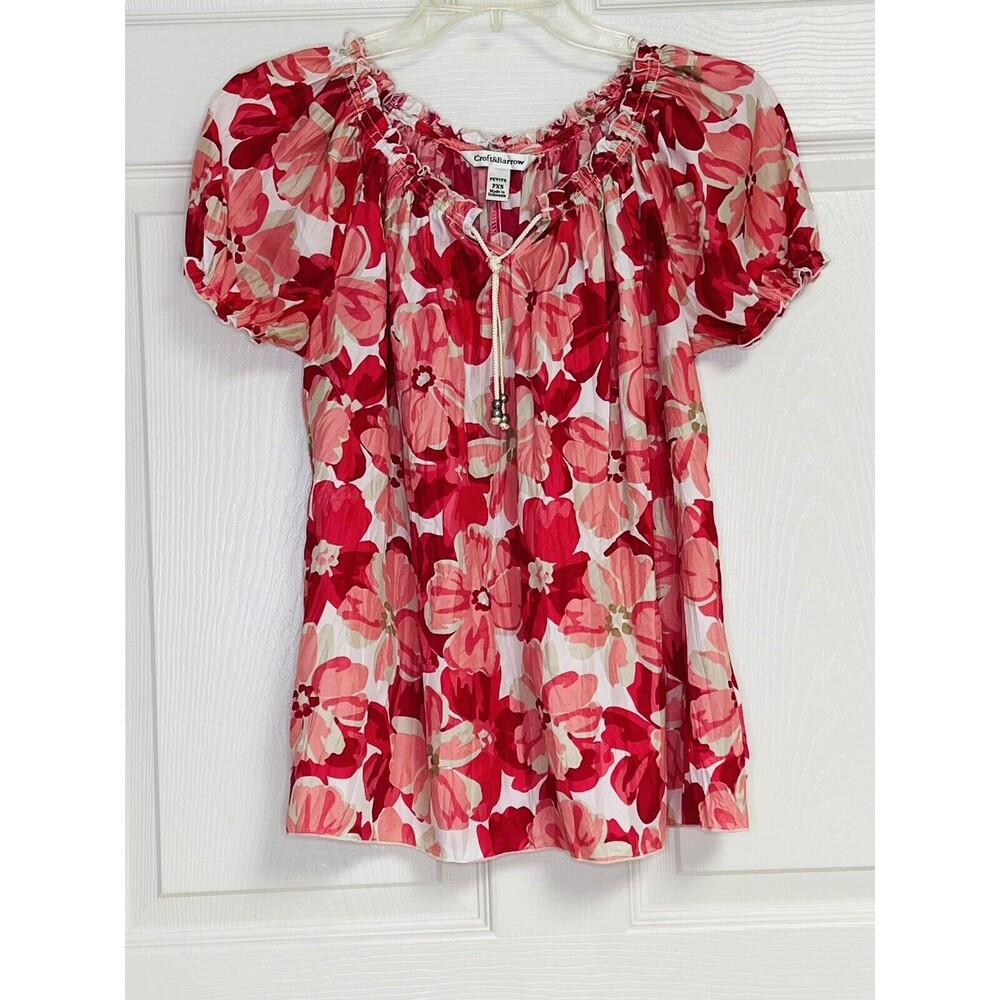 Croft & Barrow Pink White Tan Short Puff Sleeve Petite Womens Sz PXS Drawstring